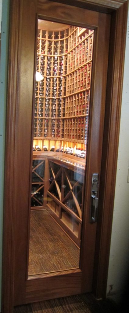 Square Top Barolo Custom Wine Cellar Door in Mahogany Designed by Experts in Miami